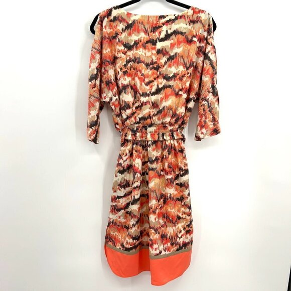 ELIZA J Orange Brown Cream Smock Waist 3/4 Sleeve Cold Shoulder Sheath Dress 8 - Picture 3 of 9